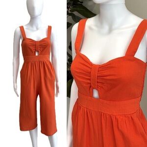 Monteau Linen Blend Sleeveless Wide Leg Cropped Jumpsuit Size XS Smocked Back